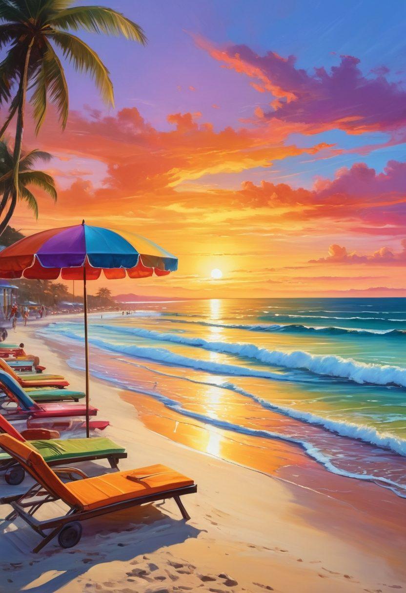A serene beach scene with soft waves lapping the shore, colorful beach umbrellas, and adults laughing while enjoying various leisure activities. In the foreground, a vibrant sunset creates a blissful atmosphere, enhancing the joy of relaxation and escape. Include elements of adult entertainment, like a cocktail bar and a book lounge. lively colors. painting.
