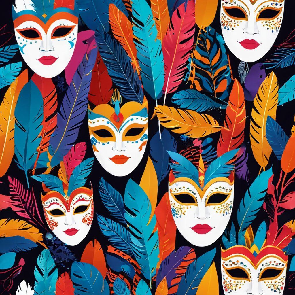 A vibrant and colorful collage representing the diverse world of adult entertainment, featuring abstract shapes symbolizing pleasure and fantasies, intertwined with playful elements like masks, feathers, and silhouettes. Include a warmly lit backdrop to evoke a sense of joy and excitement. The overall composition should convey a sense of exploration and fun, while maintaining a tasteful and artistic approach. vibrant colors. abstract art. 3D.