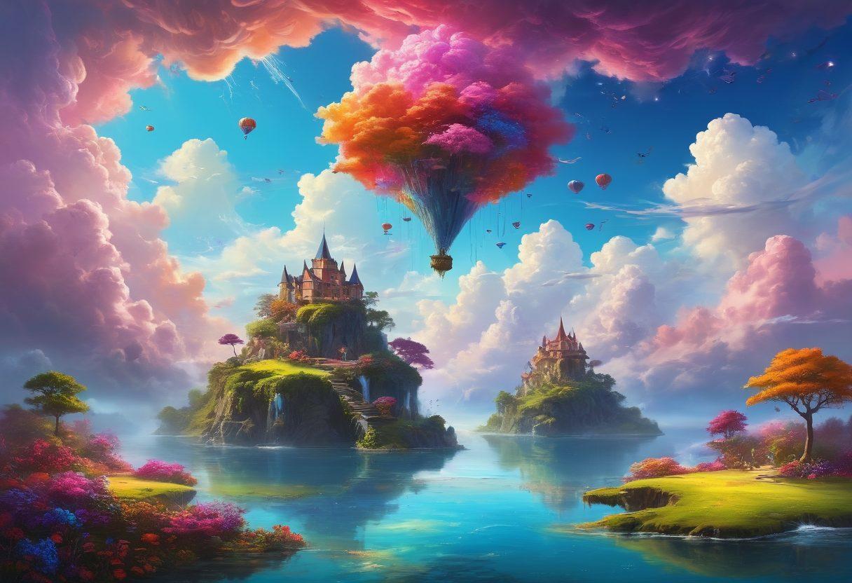 A surreal landscape depicting a dreamlike scene filled with vibrant colors and whimsical elements. Include floating islands surrounded by soft, swirling clouds, with figures experiencing joy and bliss in various poses. Add sparkling waterfalls and luminescent flowers that reflect the essence of ecstasy and fantasy. Infuse a sense of movement and harmony throughout the composition. vibrant colors. surrealism.